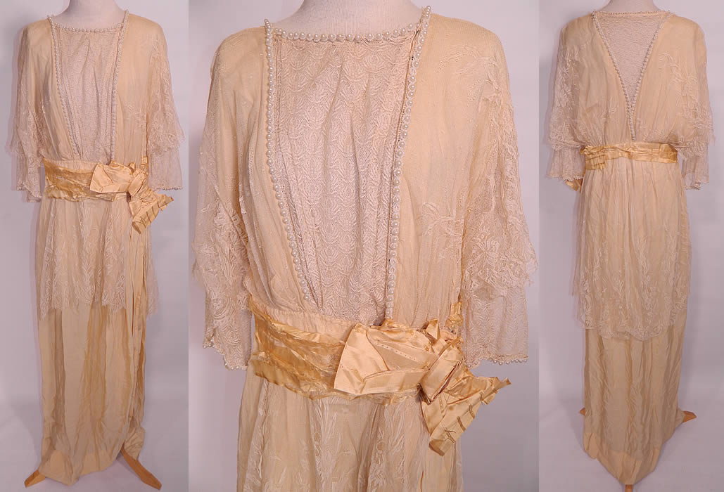 Edwardian Titanic Cream Silk Lace Pearl Beaded Wedding Gown Dress. This Edwardian Titanic era cream silk lace pearl beaded wedding gown dress dates from 1912. It is made of an off white cream color silk fabric, with a white sheer fine cobweb lace overlay and pearl beaded trim accents on the bodice top.