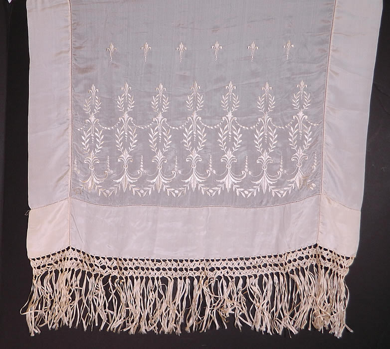 Antique Cream Silk Embroidered Fleur de Lis Wedding Shawl Scarf. This beautiful bridal wedding shawl scarf long stole wrap has cream color hand knotted macram&eacute; ribbon silk fringe trim edging on the two bottom ends. 