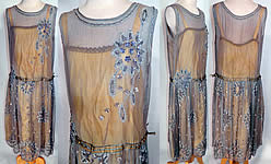 Vintage Blue & Yellow Silk Beaded Velvet Rosette Drop Waist Flapper Dress