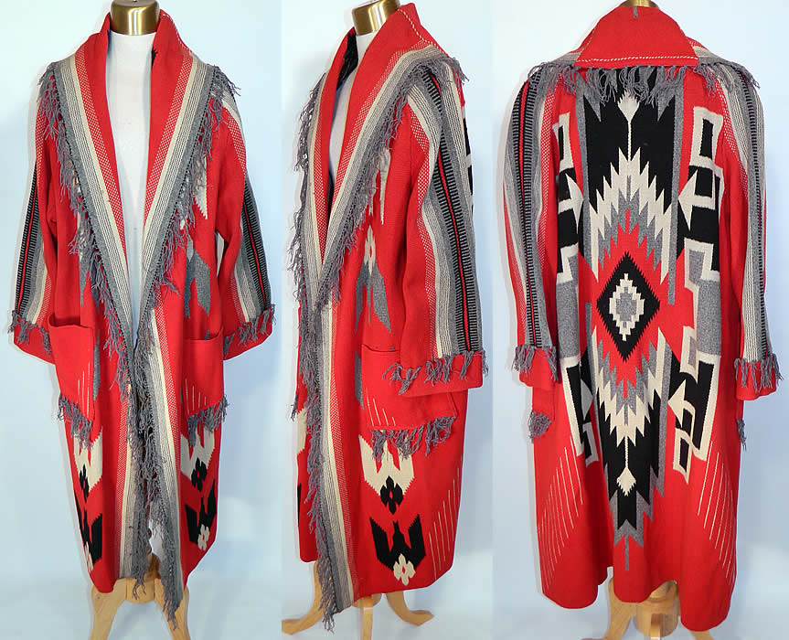 Antique Chimayo Blanket Red Wool Hand Woven Long Duster Coat. This vintage antique Chimayo blanket red wool hand woven long duster coat dates from the 1940s. It is made of a hand loomed red, gray, black & white wool blanket style body with a colorful New Mexico Southwest design.