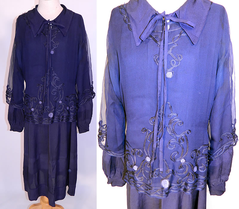 Vintage Navy Blue Silk Soutache Embroidered Belted Blouse & Drop Waist Dress. It is made of a navy blue color sheer silk fabric, with a braided trim soutache embroidery work Art Deco spiral scrolling design and french knot light blue yarn circles. This delightful day dress ensemble includes a plain, loose fitting drop waist dress, with long full bishop style sleeves, fitted cuffs, a wide lapel collar, neck tie and is unlined. 