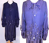 Vintage Navy Blue Silk Soutache Embroidered Belted Blouse & Drop Waist Dress. 