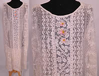 Vintage Silk Rosette White Embroidered Net Filet Lace Drop Waist Chemise Dress. 