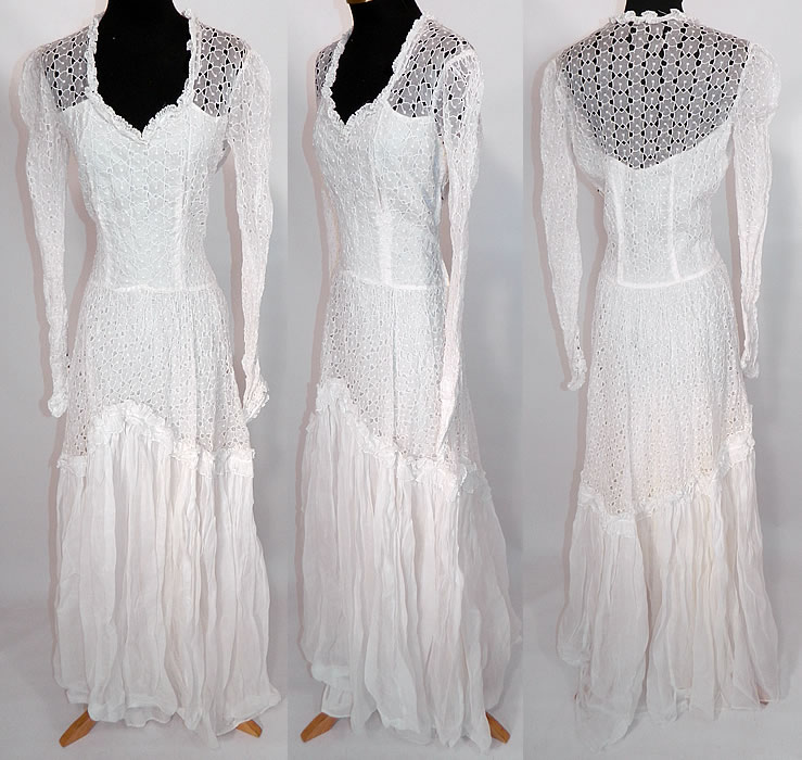 Vintage White Eyelet Flower Organdy Wedding Gown Dress. This vintage WWII era white eyelet flower organdy wedding gown dress dates from the 1940s. It is made of a sheer white organdy fabric, with a eyelet cut work floral pattern design.