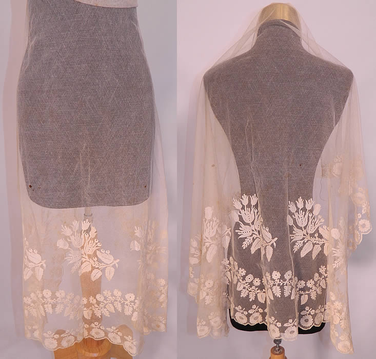Antique Georgian Regency Blonde Lace Tambour Embroidery Bonnet Face Veil Fabric. This antique Regency Georgian era blonde lace tambour embroidery bonnet face veil fabric dates from 1830. It is hand stitched, made of a sheer fine off white blonde bobbin lace, plaited mesh, with tambour embroidery work chain stitching done in a flower leaf pattern along the bottom and scalloped side edging.
