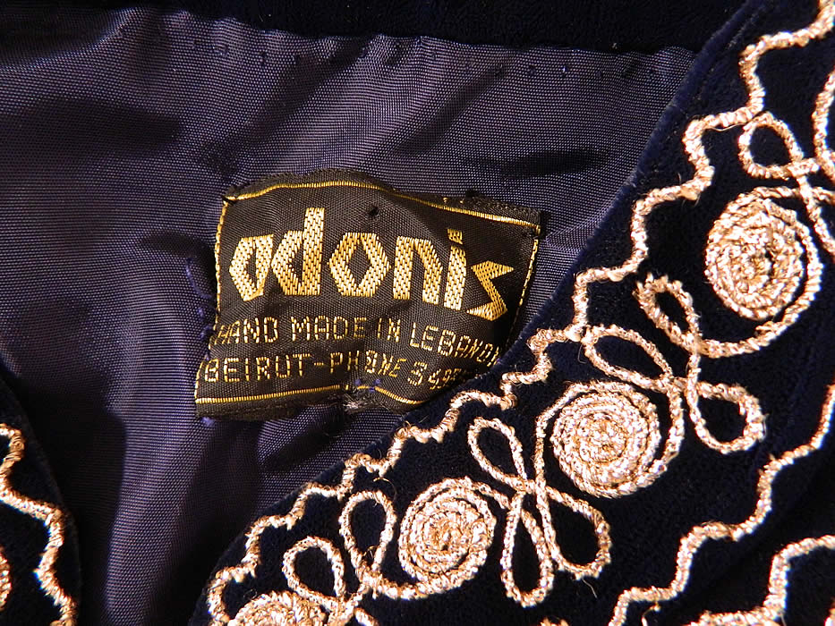 Vintage Adonis Lebanon Blue Velvet Gold Embroidered Boho Kaftan Robe Coat.There is an "Adonis Hand Made in Lebanon Beirut" label sewn inside.