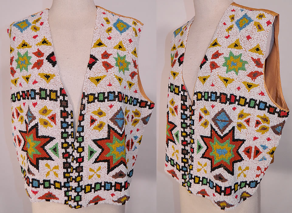Vintage Antique Native American Indian Style Beaded Boho Hippie Vest. This vintage antique Native American Indian style beaded boho hippie vest top dates from the 1970s. It is made of bright colorful hand beadwork with a geometric Southwest design and Native American Indian style.