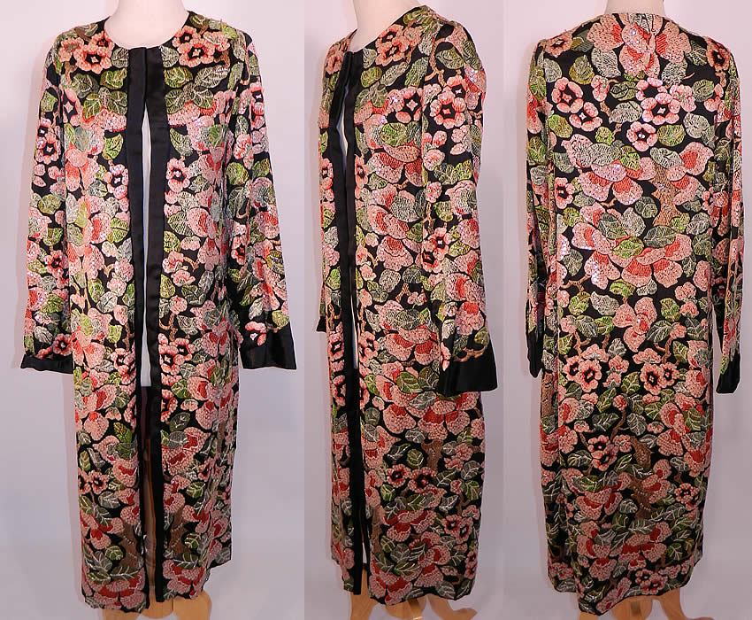 Vintage Art Deco Floral Silk Embroidered Sequin Beaded Long Coat Jacket. This exquisite evening coat is a long length, loose fitting, with long full sleeves, black silk trim edging the sleeves cuffs & front opening, fully lined in pink silk satin and has an open front with no closure. 