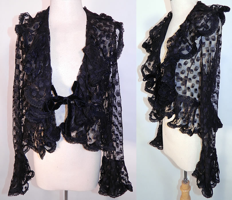 Victorian Antique Black Net Lace Square Cube Blouse Coat Jacket. This Victorian era antique black net lace square cube blouse coat jacket dates from 1900. It is made of a sheer black net lace, with a unusual square cube hexahedron design outlined in black threads with shading.
