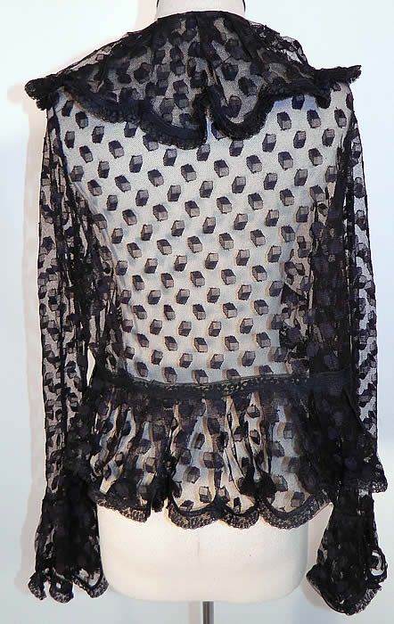 Victorian Antique Black Net Lace Square Cube Blouse Coat Jacket. It is in good condition. This is truly a unique one of a kind piece of wearable antique lace textile art!