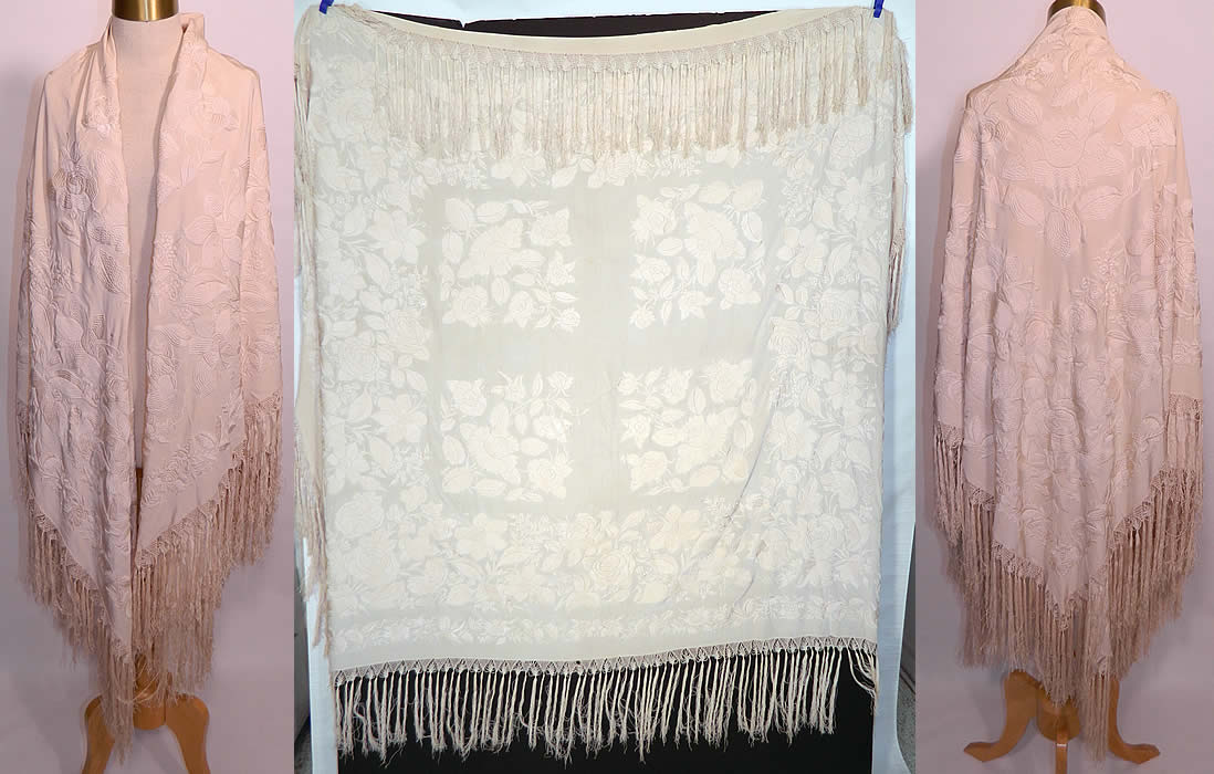 Antique Cream White Silk Embroidered Floral Canton Wedding Piano Shawl. This antique cream white silk embroidered floral Canton wedding piano shawl dates from the 1920s. It is made of an off white cream color silk fabric background, with off white silk raised padded satin stitch hand embroidery work. The embroidery work is exceptional, with a lush floral vine leaf scalloped pattern design. There is a fabulous fine untangled hand knotted macram&eacute; off white cream color silk fringe which measures 9 inches long surrounding the entire shawl with rounded corners. The shawls fabric square measures 63 by 63 inches. This quality made Manton Canton Chinese Cantonese style Spanish Flamenco shawl would have been appropriate for a church wedding or other ceremonial occasions. It is in good condition, with only a few small faint age spots stains. This is truly a rare and wonderful piece of wearable textile art! 