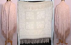 Antique Cream White Silk Embroidered Floral Canton Wedding Piano Shawl 