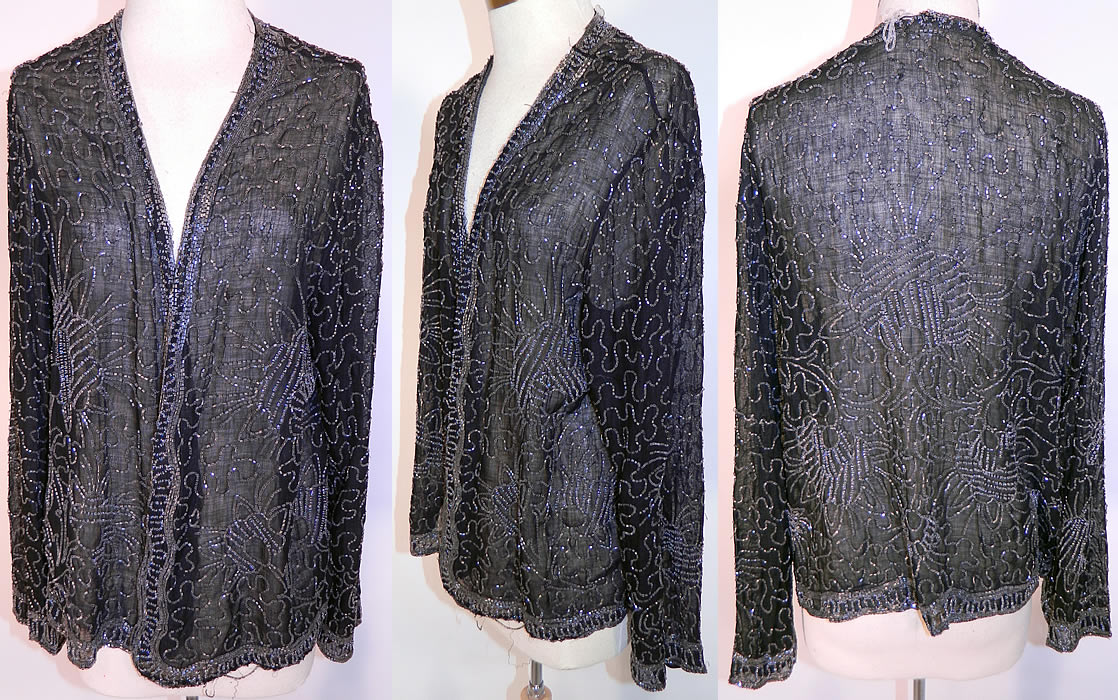 Vintage Art Deco Black Cotton Muslin Crystal Beaded Flapper Coat Jacket. This vintage Art Deco black cotton muslin crystal beaded flapper coat jacket dates from the 1920s. It is made of a black sheer muslin cotton fabric, covered with crystal bead work done in a Art Deco abstract floral spiral scrolling pattern beaded design.
