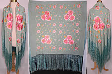 Antique Light Blue Silk Pink Floral Embroidered Fringe Boho Piano Shawl. 