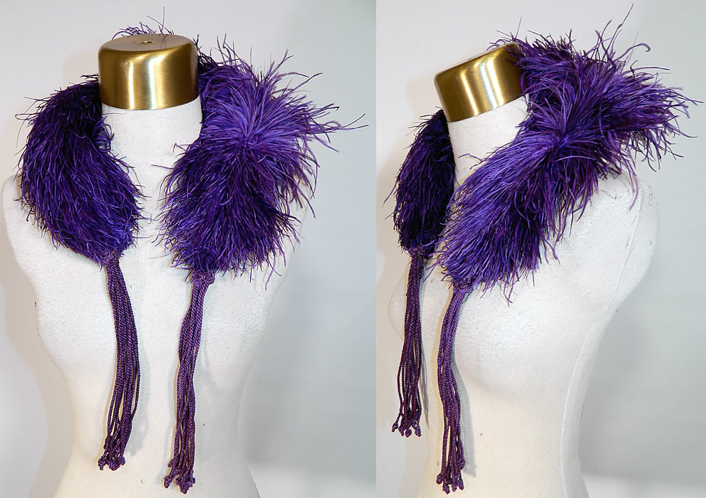 Victorian Purple Ostrich Feather Neck Boa Collar Scarf & Tassels. This Victorian era antique purple ostrich feather neck boa collar scarf and tassels dates from 1890. It is made of full fluffy purple ostrich feathers. There are two long purple silk knotted fringe tassels hanging down from each side.
