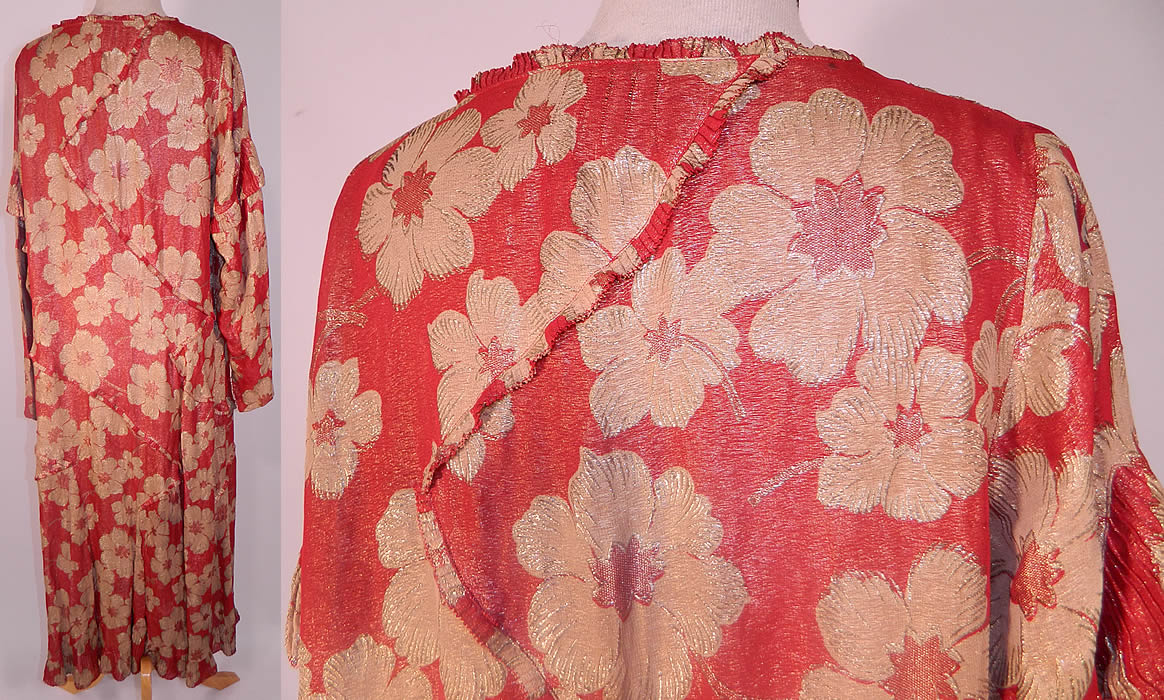 Vintage Art Deco Red Silk Gold Lam&eacute; Floral Poppy Drop Waist Dress Large Size. The dress is a large size measuring 49 inches long, with 42 inch hips, a 40 inch waist, 46 inch bust, 14 inch back and 24 inch long sleeves. It is in good condition. This is truly a exceptional piece of wearable Art Deco textile art.