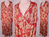 Vintage Art Deco Red Silk Gold Lam&eacute; Floral Poppy Drop Waist Dress Large Size