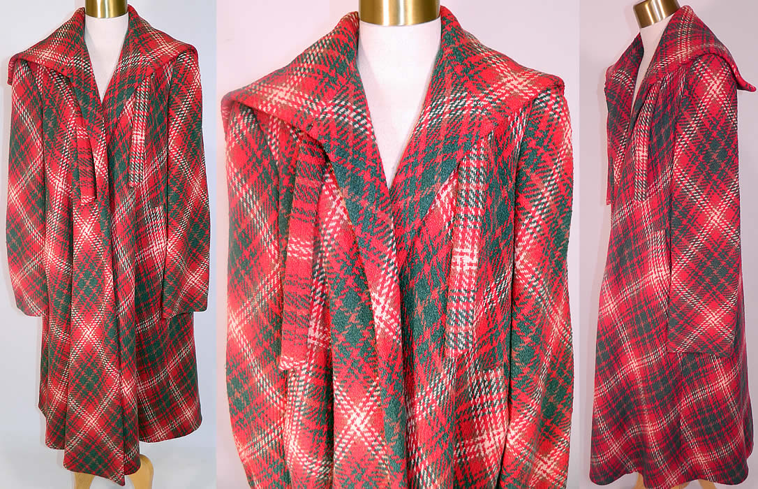 Vintage Pauline Trigere Red Green Houndstooth Plaid Wool Coat Swing Jacket. This vintage Pauline Trigere red green houndstooth plaid wool coat swing jacket dates from the 1950s. It is made of red, green, brown and white houndstooth plaid wool knit fabric. 
