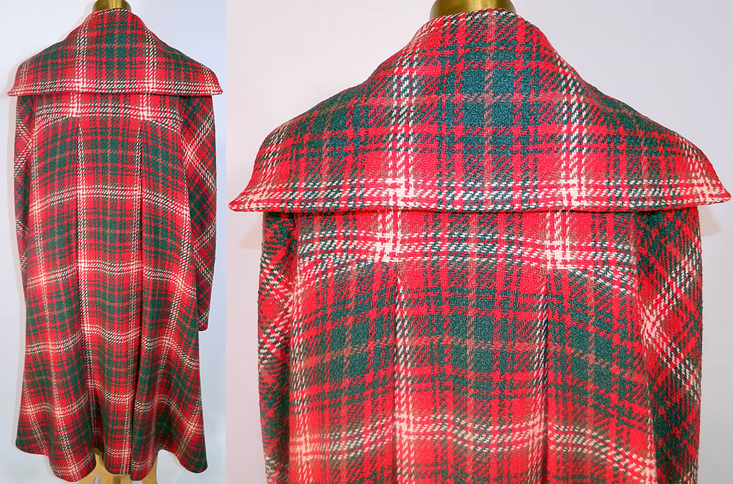 Vintage Pauline Trigere Red Green Houndstooth Plaid Wool Coat Swing Jacket. This wonderful winter coat jacket has a loose fitting full swing style, is a long mid length, with a large shawl collar, neck tie front, long full sleeves, pleated back, is fully lined and has an open front with no closure. 