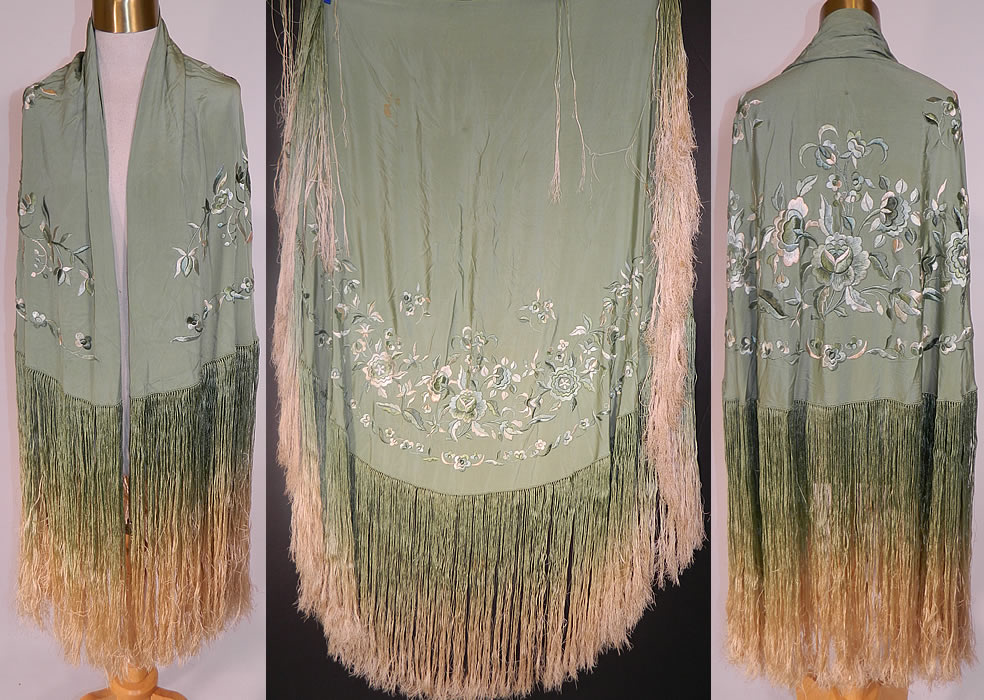 Vintage Mint Green Silk Floral Embroidered Fringe Round Piano Shawl. This antique vintage mint green silk floral embroidered fringe round piano shawl dates from the 1920s. It is made of a pastel mint green celadon color silk fabric round center, with varying shades of green silk raised padded satin stitch embroidery work vine leaf flower design along one side edging.