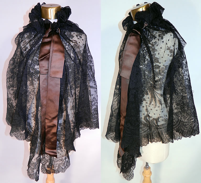 Victorian Antique Black Chantilly Lace Layered Shawl Cloak Cape. This antique Victorian era black Chantilly lace layered shawl cloak cape dates from the 19th century. It is made of a sheer fine black net French chantilly lace, with a swiss dot, floral foliage pattern outlined in black threads with detailed shading effects and a decorative scalloped border edging.