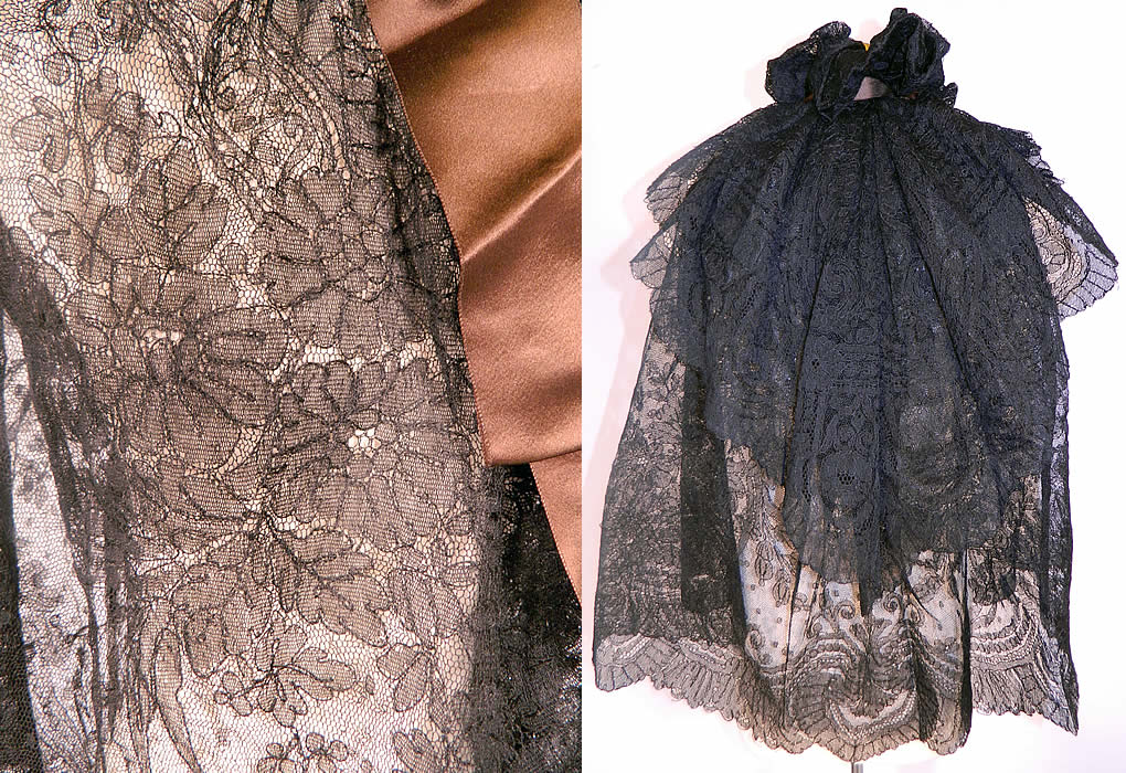 Victorian Antique Black Chantilly Lace Layered Shawl Cloak Cape. It is in good condition. This is truly a wonderful piece of wearable Victoriana antique lace art!