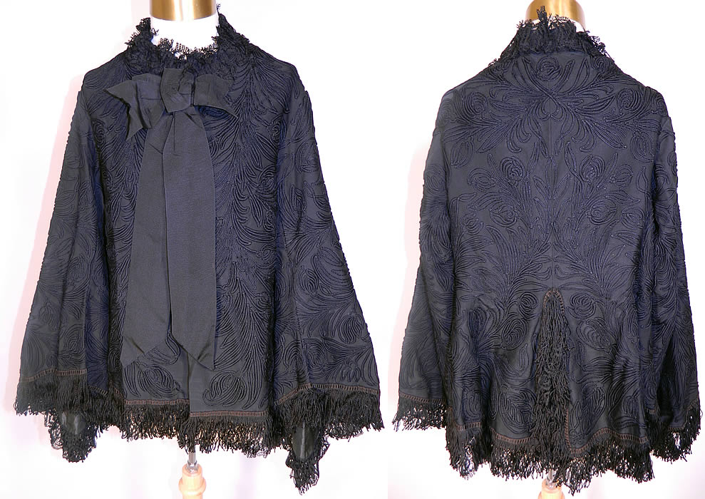 Victorian Black Soutache Embroidered Dolman Mantle Pagoda Sleeve Jacket. This antique Victorian era black soutache embroidered dolman mantle pagoda sleeve jacket dates from the 1870s. It is made of a fine black wool fabric, with raised soutache embroidery work done in a decorative floral leaf design and black fringe trim edging. 