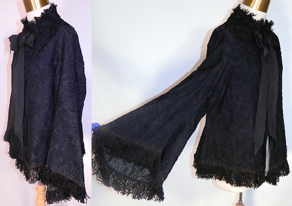 Victorian Black Soutache Embroidered Dolman Mantle Pagoda Sleeve Jacket. The jacket measures 25 inches long, with 46 inch hips, a 34 inch waist, 36 inch bust, 13 inch back and 23 inch long sleeves.