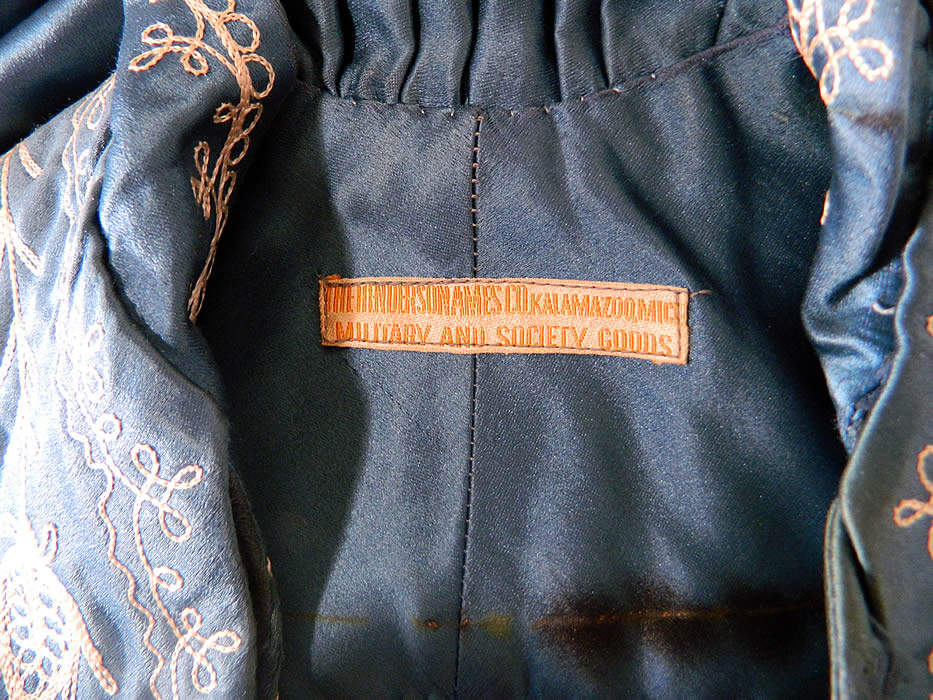 Vintage Henderson Ames Co Regalia Blue Silk Ceremonial Robe Gown. There is a "Henderson Ames Co. Kalamazoo, Michigan Military And Society Goods" label sewn inside. 