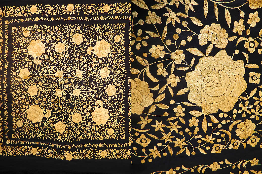 Antique Art Deco Black & Yellow Floral Silk Embroidered Piano Shawl. mbroidery work. There is a floral vine leaf design, with larger embroidered yellow roses in a circle. There is a hand knotted macram&eacute; black silk fringe which measures 25 inches long surrounding the entire shawl with rounded corners. The shawls fabric square measures 50 by 50 inches. This quality made Art Deco bohemian style Spanish Flamenco shawl is in good condition.
