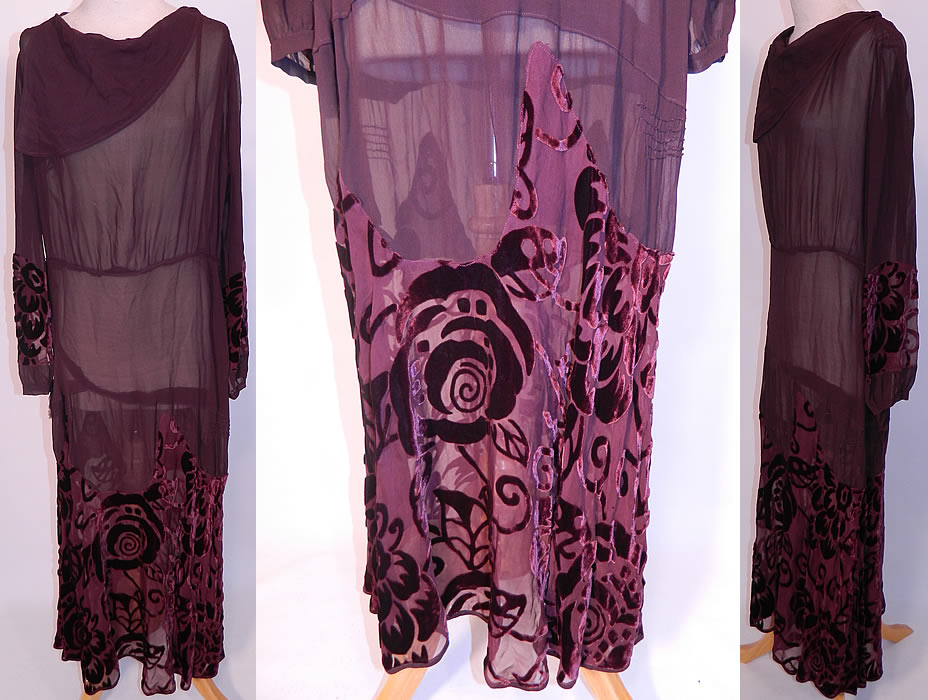 Vintage Burgundy Floral Voided Velvet Silk Chiffon Bias Cut Dress. This vintage burgundy floral voided velvet silk chiffon bias cut dress dates from the 1930s. It is made of a dark red burgundy wine color sheer silk chiffon, voided cut velvet fabric, with an abstract Art Deco floral design pattern. 