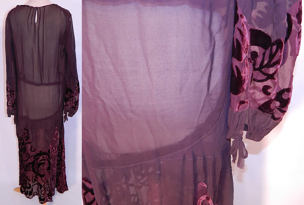 Vintage Burgundy Floral Voided Velvet Silk Chiffon Bias Cut Dress. This beautiful bias cut dress has an asymmetrical front collar drape neckline, a pleated key hole opening button back, long full bishop style sleeves with snap closure cuffs bow trim accents, side snap closures and is sheer unlined. The dress measures 51 inches long, with 40 inch hips, a 30 inch waist, 40 inch bust and 24 inch long sleeves.