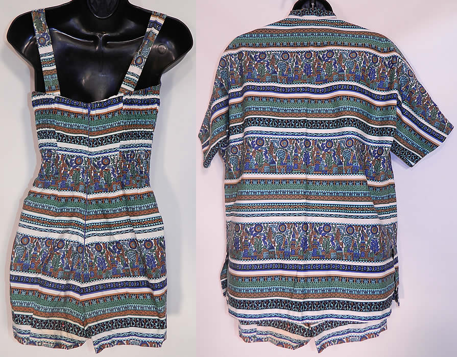Vintage Rose Marie Reid Cotton Print Playsuit Swimsuit Coverup Top. It is in good condition, but has not been cleaned and has some faint yellowing discoloration on the back bottom shorts. This is truly a wonderful piece of wearable art! 