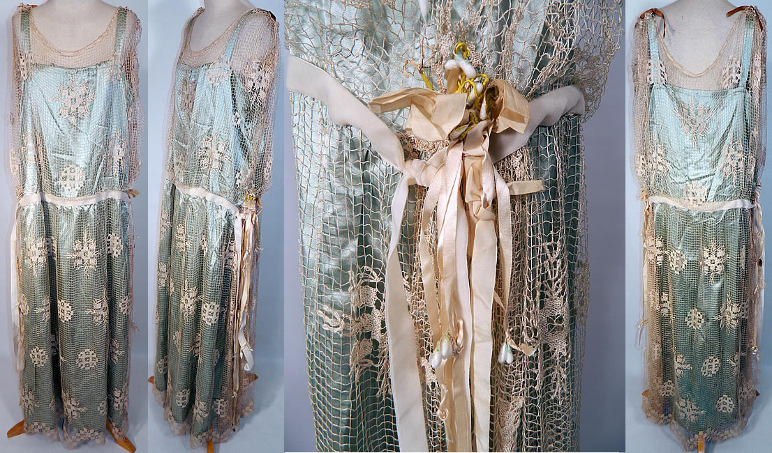 Vintage Blue Silk Cream Crochet  Lace Wax Flower Ribbon Drop Waist Wedding Dress. This vintage blue silk cream crochet lace wax flower ribbon drop waist wedding dress dates from the 1920s. It is made of a blue silk satin fabric slip lining underneath, with a sheer cream color crochet net filet lace snowflake pattern overdress. There are cream velvet and silk ribbon streamers with a wax flower trim belted sash. 