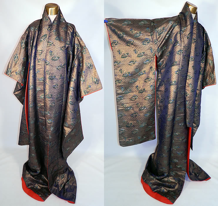 Vintage Japanese Geisha Gold Lam&eacute; Silk Brocade Fan Kimono. This vintage antique Japanese geisha gold lam&eacute; silk brocade fan kimono dates from the Showa Period in the 1950s.