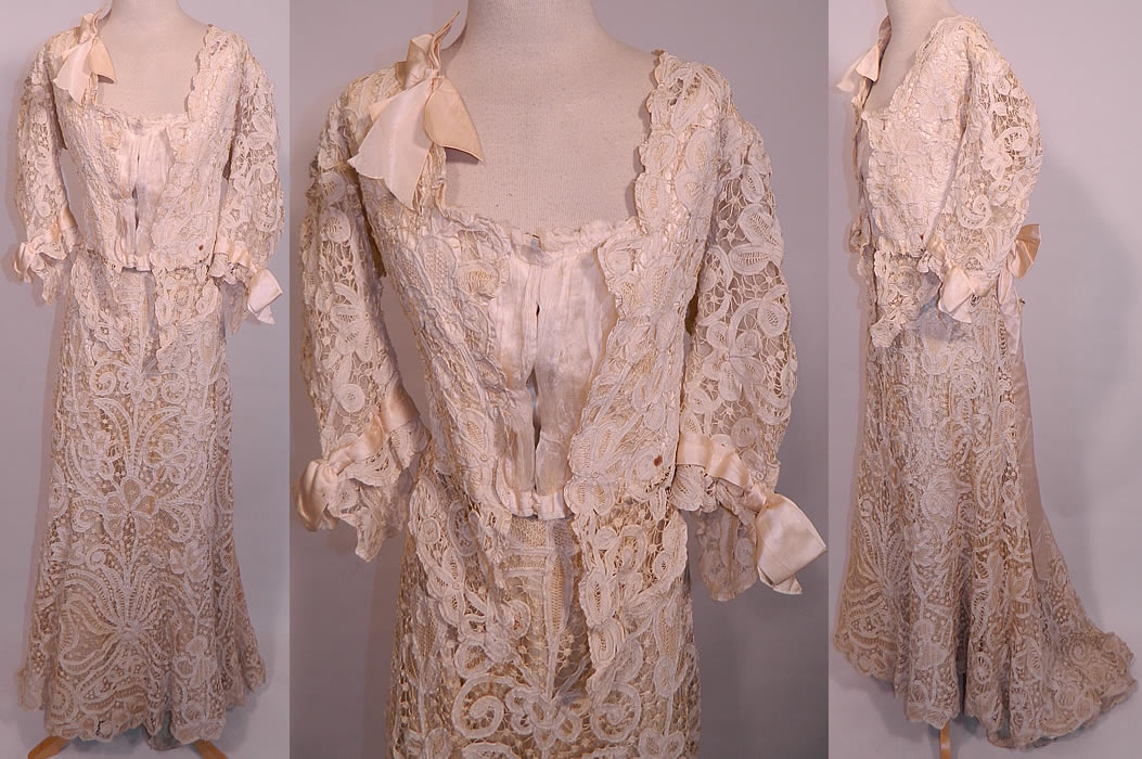 Edwardian Antique Battenburg Crochet Tape Lace Wedding Gown Dress. This exquisite Edwardian era antique battenburg crochet tape lace wedding gown dress dates from 1905. It is hand made of an off white cream color sheer battenburg crochet tape lace with raised dimensional flower leaf, spiral scroll work designs, connecting thread picot ornamented bars and open cut work.