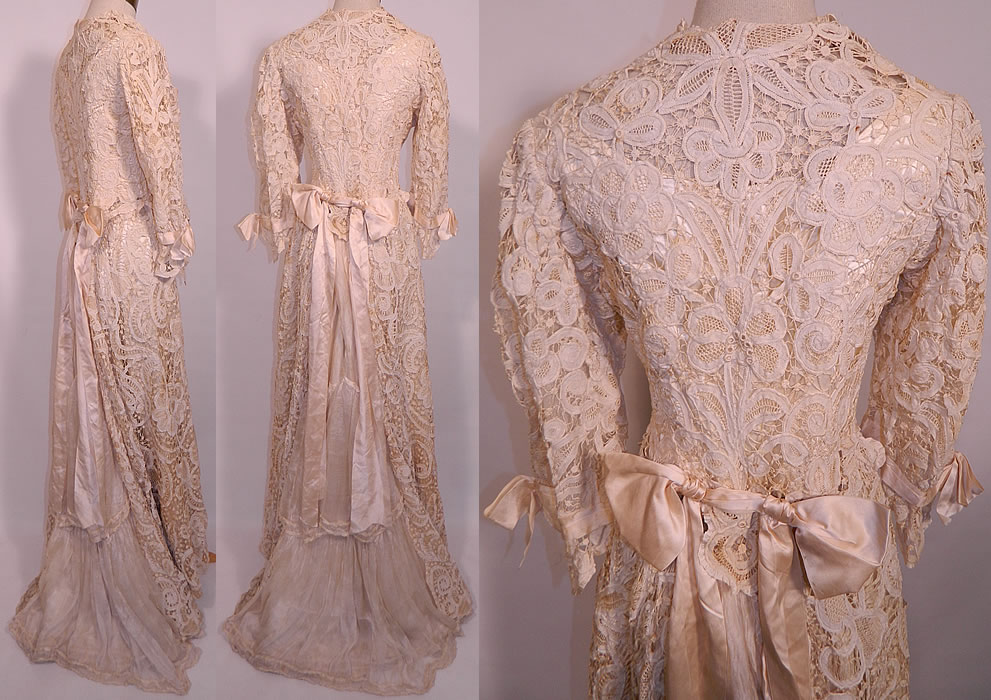 Edwardian Antique Battenburg Crochet Tape Lace Wedding Gown Dress