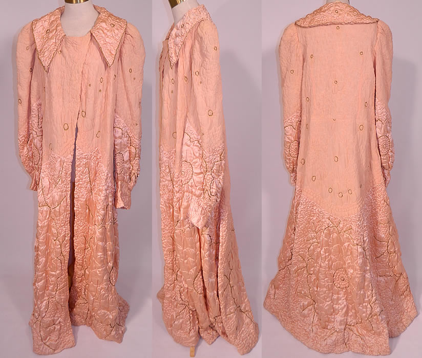 Vintage Harrods Pink Silk Quilted Gold Trim Stitched  Peignoir Robe Dressing Gown. This vintage Harrods pink silk quilted gold trim stitched peignoir robe dressing gown dates from the 1940s. It is made of a pale pink silk crepe de chine and satin fabric, with quilted raised puffy puckering stitching creating a floral polka dot design accented with gold metallic thread trim.