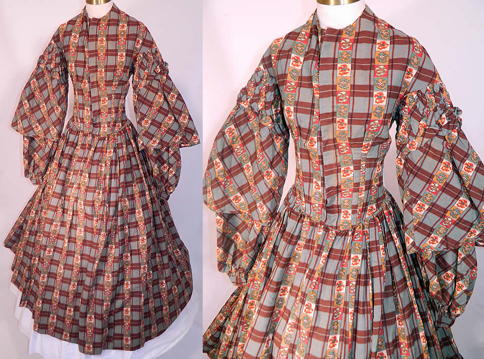 Victorian Civil War Floral Paisley Plaid Print Wool Challis  Hoop Skirt Dress. This antique Victorian Civil War era floral paisley plaid print wool challis hoop skirt dress dates from the 1860s. It is hand stitched, made of a soft woven wool challis fabric, with a colorful floral paisley plaid stripe pattern design print. 