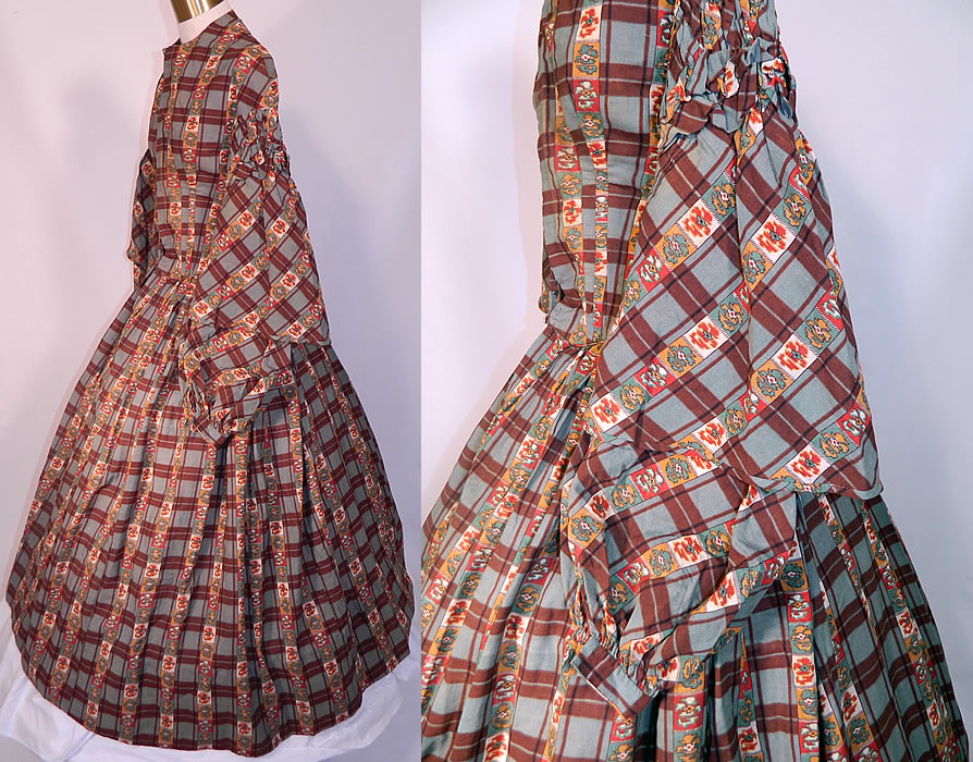 Victorian Civil War Floral Paisley Plaid Print Wool Challis  Hoop Skirt Dress. The dress measures 54 inches long, with a 5 1/2 inch hem skirt which can be let out, a 32 inch waist, 34 inch bust, 15 inch back and 24 inch long sleeves. 