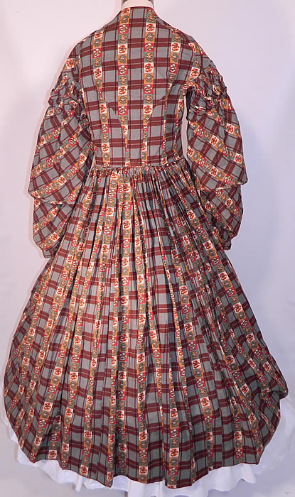 Victorian Civil War Floral Paisley Plaid Print Wool Challis  Hoop Skirt Dress. This is truly a wonderful piece of Victoriana textile art! 