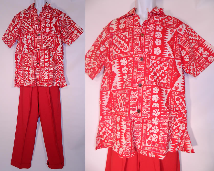 Vintage Alfred Shaheen Hawaiian  Hibiscus Print Cotton Aloha  Shirt & Red Pants. This vintage Alfred Shaheen Hawaiian hibiscus print cotton Aloha shirt and red pants dates from the 1950s.