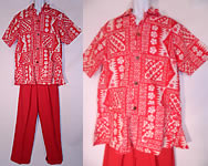 Vintage Alfred Shaheen Hawaiian  Hibiscus Print Cotton Aloha  Shirt & Red Pants