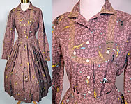 Vintage Ants Picnic Camping Novelty Print Cotton Circle Skirt Blouse Dress