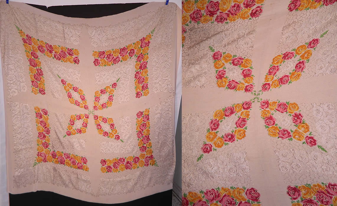 Art Deco Pink & Yellow Floral Roses Silver Lam&eacute; White Silk Shawl. It is made of an off white ivory color silk fabric background, with silver metallic lam&eacute; threads woven into the fabric creating a floral pattern, with pink and yellow accented flower designs done in the center. 