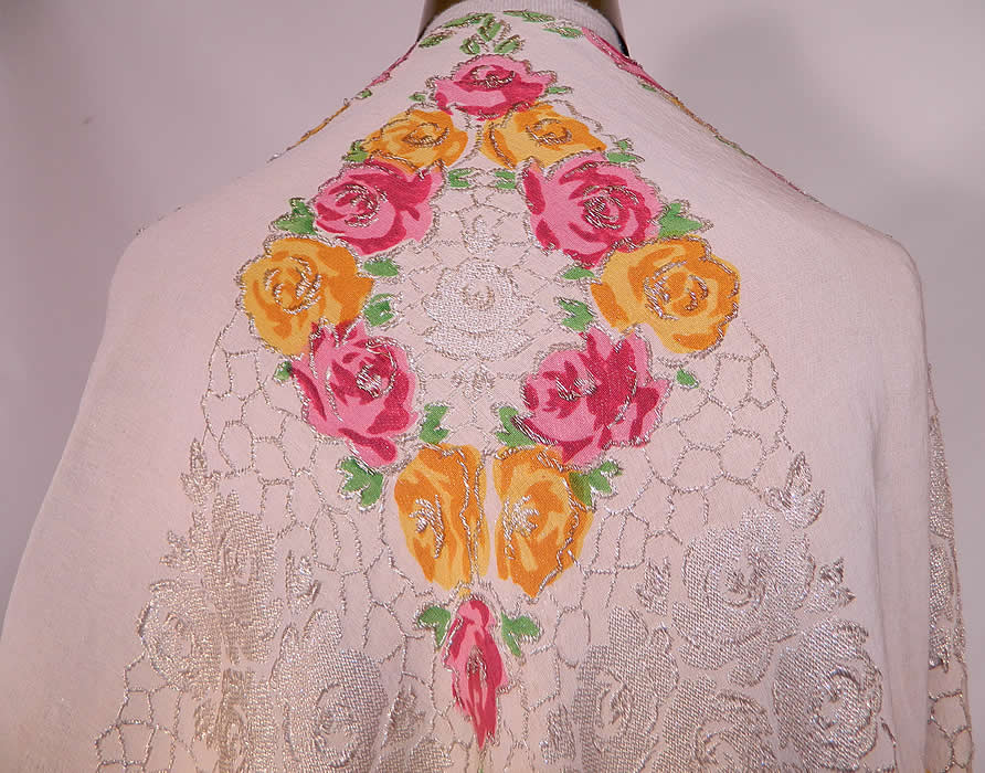 Art Deco Pink & Yellow Floral Roses Silver Lam&eacute; White Silk Shawl. This gorgeous Gatsby style square shawl fabric wrap measures 58 by 58 inches. 