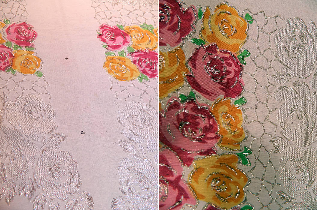 Art Deco Pink & Yellow Floral Roses Silver Lam&eacute; White Silk Shawl. It is in good condition, with only three tiny frayed holes near the side edging. This is truly a rare piece of exceptional wearable Art Deco textile art! 