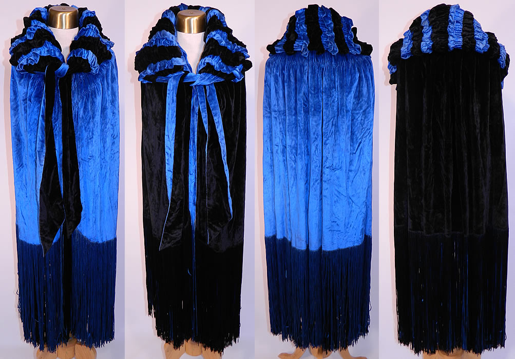 Vintage Gatsby Blue & Black Velvet Reversible Fringe Cocoon Opera Cloak Cape. This amazing Art Deco vintage Gatsby blue and black velvet reversible fringe cocoon opera cloak cape dates from the 1920s. It is made of bright royal blue and black silk velvet fabric, with quilted gathering ruffles on the collar, blue and black silk multi color fringe trim along the bottom and is reversible. 
