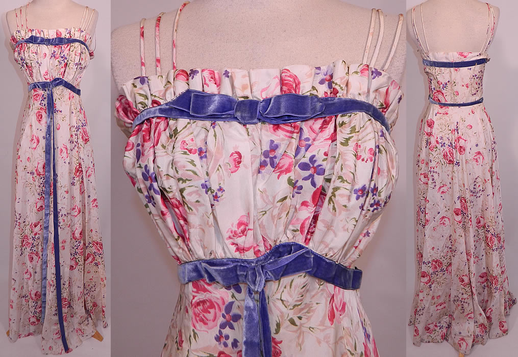 Vintage Lord & Taylor Young New Yorkers Floral Pastel Rayon Taffeta Dress Gown. This vintage Lord & Taylor Young New Yorkers floral pastel rayon taffeta dress gown dates from the 1940s. It is made of an off white rayon taffeta fabric, with a roses, floral pastel print pattern and periwinkle blue velvet ribbon bow trim accents. 