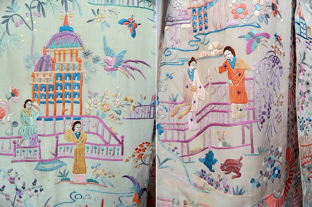Vintage Chinese Figural Pastel Silk Embroidered Piano Shawl Long Coat Jacket. The coat measures 39 inches long, with 38 inch hips, a 36 inch waist, 36 inch bust, 16 inch back and 23 inch long sleeves. 